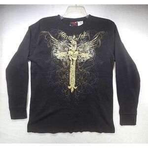 Y2L Miami Ink Mens XL Waffle Knit Thermal Long Sleeve Cross Wing Graphic Shirt